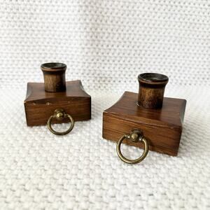 Vermont Wood Specialties Vintage Primitive Square Set 2 Brass Ring Candle Holder